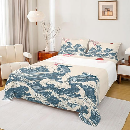 Manfei Waves Sheet Set Queen,Koi Cherry Blossom Sunrise Bed Sheet 4pcs with Deep Pocket Fitted Sheet + Flat Sheet + 2 Pillowcases Japanese Art Landscape Romantic Bedding Set for Kids Teens Room Decor