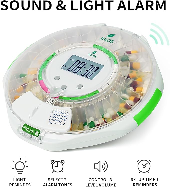 JULOS Bluetooth 28-Day Automatic Pill Dispenser with Lock, Medication Organizer up to 9 Alarms/Day, Sound & Light Alarms, Ezi-Read LCD & App Alert for Prescriptions, Vitamins, Clear Lid