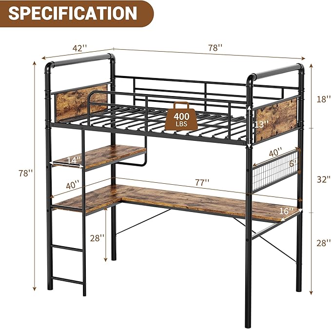 GarveeHome Loft Bunk Bed with L-Shaped Desk, Twin Loft Bed with Desk Underneath, Metal Bunk Beds with High Guardrail and Ladder for Kids/Teens/Adults, Easy Assembly, Vintage Brown