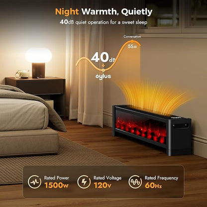 Baseboard Heater with Fireplace - 1500W Electric Fireplace Heater with Realistic 3D Flame Effect, Adjustable Thermostat Space Heater for Large Room, Office&Bedroom, Tip-Over&Overheat Protection