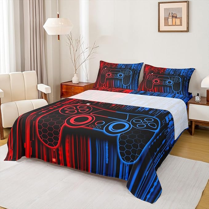 Manfei Gamer Gamepad Kids Sheet Full Size,Video Gaming Controller Bedding Set,Boys Girls Room Decor,Geometric Honeycomb Hexagon Neon Fashion Red Blue Bed Sheet Set 4pcs(Fitted + Flat + 2 Pillowcases)