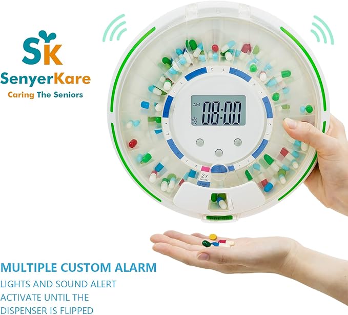 Automatic Pill Dispenser with Safety Lock, Flashing Light, Sound, Alarm, 28-Day Electronic Medication Dispenser for Vitamins and Tablets Up 6 Times/Day, Easy Read Display, Clear Lid