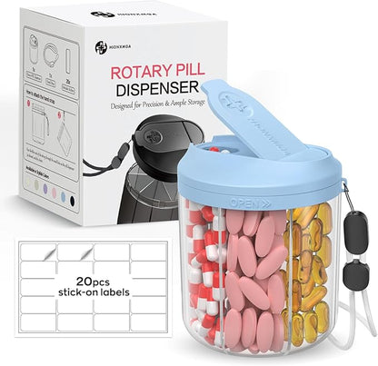 Pill Dispenser with 7 Large Compartments, 4.4" H x 3.6" Dia Pill Bottle Organizer for Travel, Supplement Organizer with Anti-Mixing Design, BPA-Free Pill Container with 20 Pcs Labels, Blue