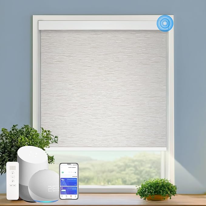 Motorized Blinds with Remote Cordless Automatic Motorized Shades Custom Blinds for Windows Smart Curtains Compatible with Alexa Google Home(Light Filtering Jacquard Beige,W24 x H72in)