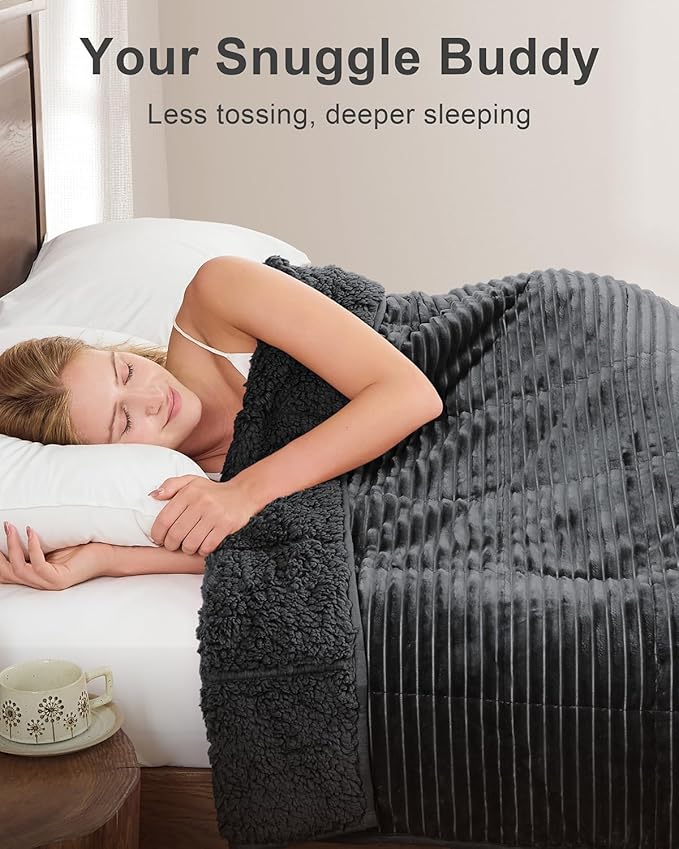 Sherpa Fleece Adult Weighted Blanket with Ribbed Stripes, 15 Pounds Dual Sided Soft Plush Blanket for Couch Bed Sofa, Heavy Thick Blankets with Ceramic Beads Great for Sleep, Dark Grey, 48" x 72"