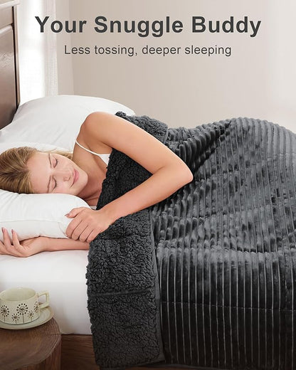 Sherpa Fleece Adult Weighted Blanket 20lbs with Ribbed Stripes, Dual Sided Fuzzy Warm Blanket for Couch Bed Sofa, Heavy Thick Blankets with Ceramic Beads Great for Sleep, Dark Grey, 60" x 80"