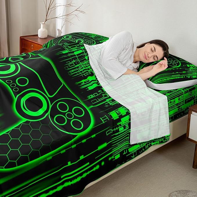 Gamer Gamepad Kids Sheet King Size,Videogaming Controller Fashion Bedding Set,Boys Girls Room Decor,Modern Geometric Honeycomb Hexagon Green Neon Bed Sheet Set 4pcs(Fitted + Flat + 2 Pillowcases)