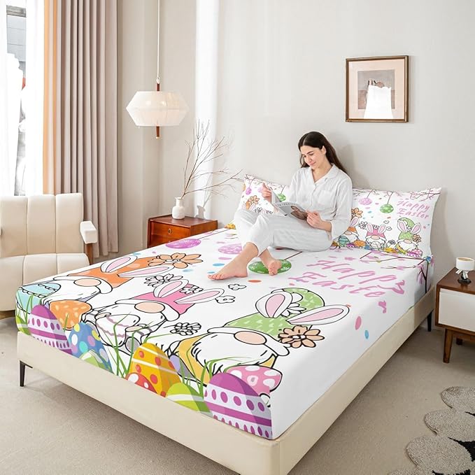 Cute Gnome Fitted Sheet Twin Size Happy Easter Eggs Flowers Bedding Set for Kids Bedroom Cartoon Floral Spring Bed Sheet Set 2pcs White Colorful Deep Pocket Mattress Cover,No Top Flat