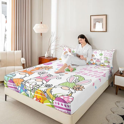 Cute Gnome Fitted Sheet Twin Size Happy Easter Eggs Flowers Bedding Set for Kids Bedroom Cartoon Floral Spring Bed Sheet Set 2pcs White Colorful Deep Pocket Mattress Cover,No Top Flat