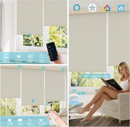 Motorized Blinds with Remote, 100% Blackout Smart Blind Roller Shades Compatible with Alexa Homekit, Automatic Electric Shades for Windows Customized Size（Linen Cream）