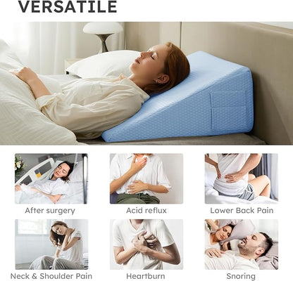 Bedluxe Wedge Pillow, 10 inch Bed Wedge Pillow for Headboard, Pillow Wedge for Acid Reflux Relief, Sleeping, After Surgery, Snoring, Gerd, Triangle Pillow Wedge - Cooling Memory Foam Top, Light Blue