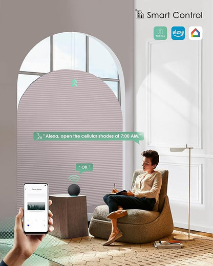 Yoolax Smart Cellular Shades, Motorized Elongated Arch Honeycomb Blinds Motorized Blinds with Remote Compatible with Alexa, Customized Elongated Arch Cellular Shades (Blackout Light Pink)