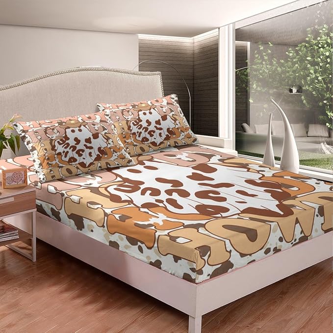 Western Ghost Fitted Sheet Set with 2 Pillowcase,Tribal Cowboy Hat Halloween Cute Ghost Microfiber Mattress Cover,Brown Cowhide Rustic Cow Fur Print Bed Cover Queen Size