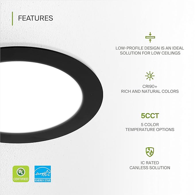 ASD 12 Pack LED Recessed Lighting 6 Inch 15W, 5 CCT 2700K-5000K CRI90+, IC Rated Ultra Thin Dimmable Ceiling Lights with J Box, Canless Wafer Downlight, Round Slim Panel Light, UL Energy Star, Black