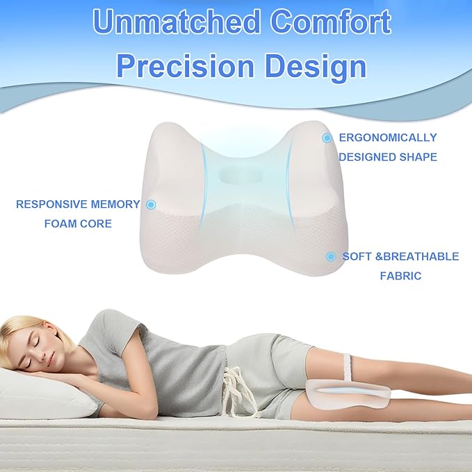 Knee Pillow for Side Sleepers Memory Foam Sciatica Pain Relief Leg Pillow, Removable Breathable Cover & Elastic Strap White