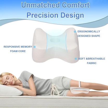 Knee Pillow for Side Sleepers Memory Foam Sciatica Pain Relief Leg Pillow, Removable Breathable Cover & Elastic Strap White