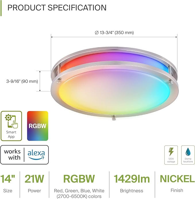 ASD LED 14" Round Flush Mount Lighting, Close to Ceiling Light Fixture | Smart, Multicolor, Dimmable, ETL Listed | 21W 1429LM RGB-2700-6500K 120V | Low Profile Double Ring Lamp | Nickel