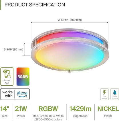 ASD LED 14" Round Flush Mount Lighting, Close to Ceiling Light Fixture | Smart, Multicolor, Dimmable, ETL Listed | 21W 1429LM RGB-2700-6500K 120V | Low Profile Double Ring Lamp | Nickel