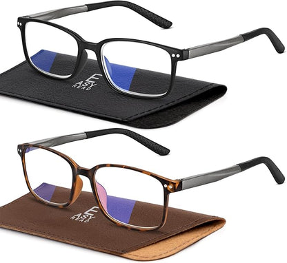 EASY READ 2 Pairs Sporty Style Reading Glasses for Men，Rectangular TR90 Blue Light Blocking Readers with Spring Hinge