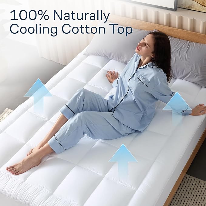 Cloud-Like Twin Mattress Topper - 100% Cotton Top Mattress Pad for Back Pain Relief - Breathable & Naturally Cooling for Hot Sleepers, White