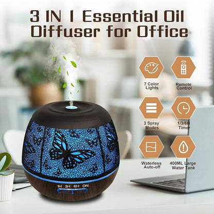 Essential Oil Diffuser for Bedroom 400ml,Diffusers for Home with R/C,Cool Mist Humidifier Large Room,Ultrasonic Scent Diffuser Waterless Auto Off,7 Colors Light & 3 Mist Modes for Desk Butterfly