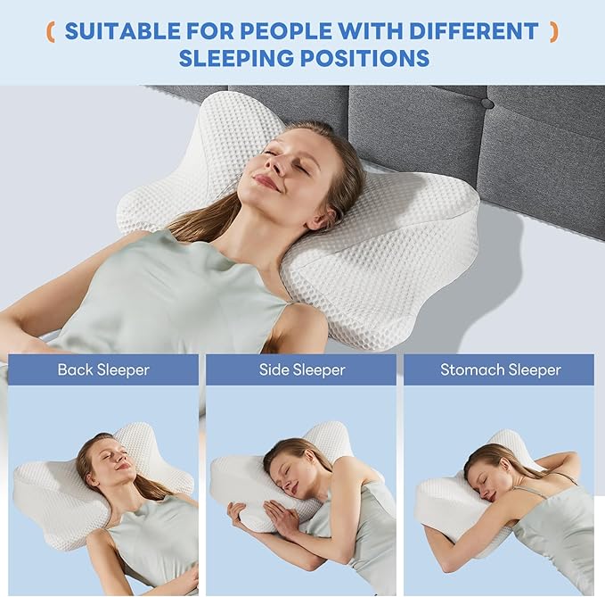 Sweetcrispy Cervical Pillow for Neck and Shoulder - Ergonomic Memory Foam Pillows, Contour Side Sleeper for Adults, Cooling Orthopedic Neck Support for Back Stomach Sleepers, King Size, White
