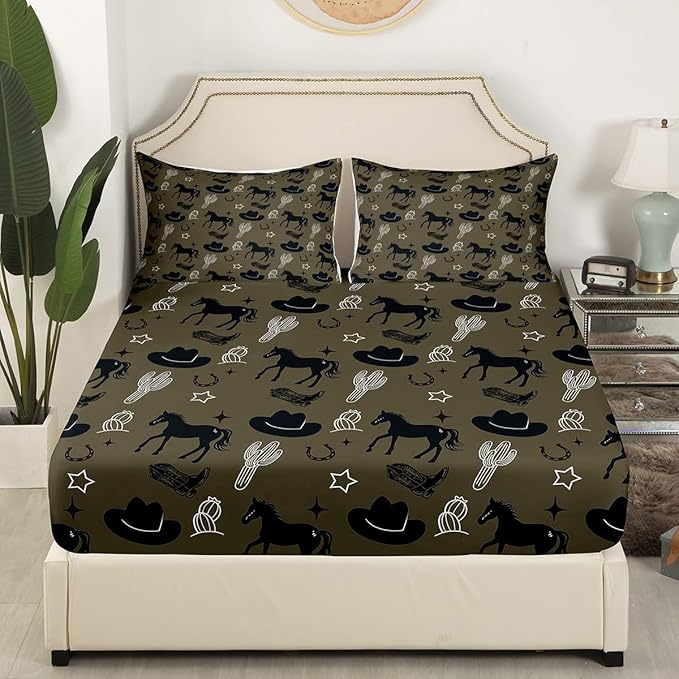 Western Cowboy Bed Sheet Set Retro Horseshoe Tribal Horse Boots Graffiti Fitted Sheet for Ultra Soft Desert Cactus Rustic Famhouse Dark Green Bedding Cover Set Queen Size(No Flat Sheet)