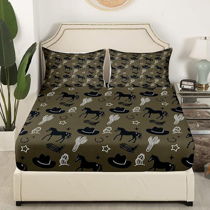 Western Cowboy Fitted Sheet Retro Horseshoe Tribal Horse Boots Graffiti Bed Sheet Set for Kids Teens Desert Cactus Rustic Famhouse Dark Green Bed Cover for Bedroom(No Flat Sheet),Twin Size