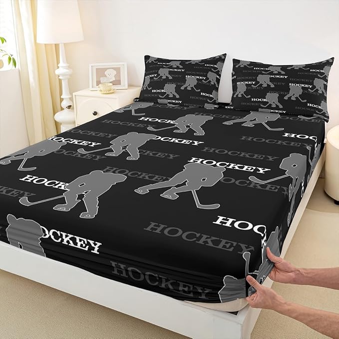 Manfei Ice Hockey Bed Sheets Full Size, Easy Wash Bedding Set,Winter Sports Modern Boys Girls Room Decor,Black Gray Sheet(Fitted+Flat+2 Pillowcases)