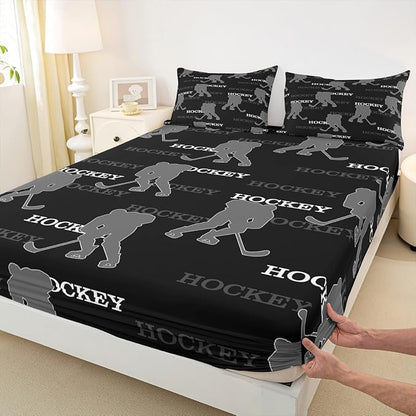 Manfei Ice Hockey Kids Sheet Twin Size, Bedding Set, Winter Sports Modern Boys Girls Room Decor, Black Gray Sheet(Fitted+Flat+1 Pillowcase)