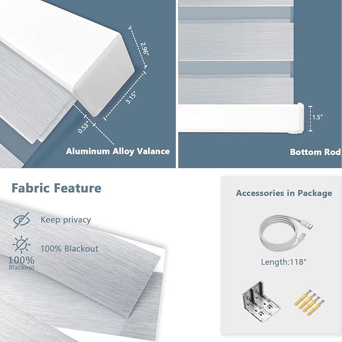 Motorized Zebra Blinds for Windows Cordless Electric Curtains with Remote Control Blackout Shades Custom Smart Blinds Compatible with Alexa Google Home(95% Blackout Grey,W54 X 72in)