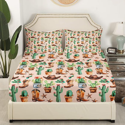 Western Cowboy Full Size Fitted Sheet,American Tribal Boots Hats Retro Texas Star 3 Pieces Kids Teenager Room Decor Natural Desert Cactus Rustic Brown Pocket 2 Pillowcases