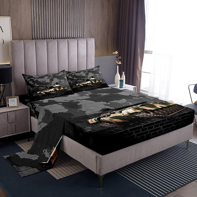 Manfei Tank Sheet Set Full Size, Grey Camouflage Wall Print Bed Sheet Set 4pcs with Deep Pocket Fitted Sheet + Flat Sheet + 2 Pillowcases, Camo Vintage Style Bedding Set for Kids Boys Teen Room Decor