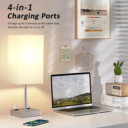 Touch Bedside Table Lamp For Nightstand - 3-Way Dimmable Night Lamp with USB A + Type C Charging Ports and two AC Outlets, Small Desk Light with E26 LED Bulb for Bedroom Living Room, WHITE PLUS