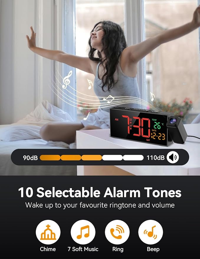 Netzu Projection Clock for Bedroom Ceiling, Alarm Clocks with 180° Rotatable Projector, Date Temperature and Weekday, Manual DST, 5 Brightness, 10 Ringtones, 4 Volumes and Snooze