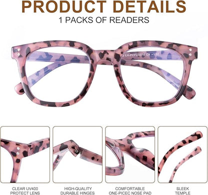 Reading Glasses for Men Women Blue Light Blocking with Spring Hinge, Blocking Readers Anti UV Ray Filter Eyeglasses, Square Computer Reader Glasses, Pink Tortoiseshell, +1.0