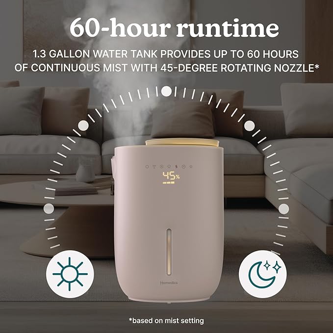 Homedics Natura Ultrasonic Warm & Cool Mist Humidifier, 1.3-Gal for Large Rooms, 60-Hr Runtime, Plant Holder, Programmable Humidity, Auto Shutoff, Nightlight Small Plant Compatible(Plant Not Included)