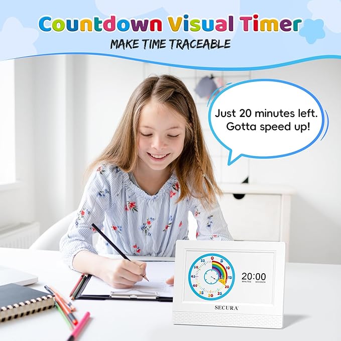 Secura TimeTact Reminder for Kids, 7" LED Talking Alarm Clock with Countdown Visual Timer, 17 Daily Reminders & 5 Custom Alarms Habit Reminder and Scheduler (White)