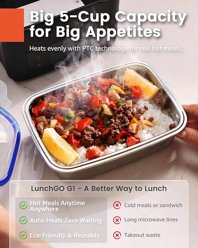 LUNCHGO® G1-Standard(74 Wh), Smart Electric Heated Lunch Box – Cordless, 5 Cups Capacity, Battery Powered, 250°F Max, Scheduled Heating, Perfect for Outdoor Work, On-The-Go Meals (Neon Gray)