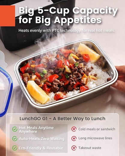 LUNCHGO® G1-Standard(74 Wh), Smart Electric Heated Lunch Box – Cordless, 5 Cups Capacity, Battery Powered, 250°F Max, Scheduled Heating, Perfect for Outdoor Work, On-The-Go Meals (Neon Gray)