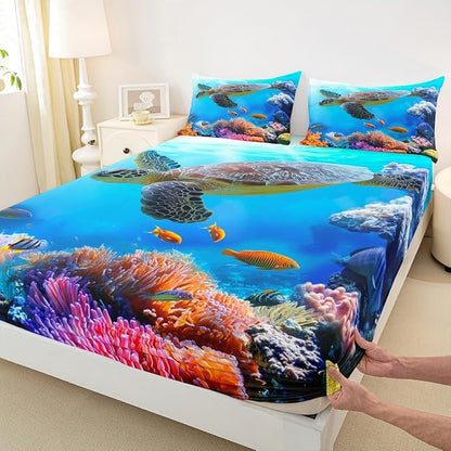 Sea Turtle Kids Sheet Set Queen Size,Ocean Animals Coral Bedding Set for Kids Boys Girls Room Decor,Marine Life Sea Blue Bed Sheet 4pcs with Deep Pocket Fitted Sheet + Flat Sheet + 2 Pillowcases