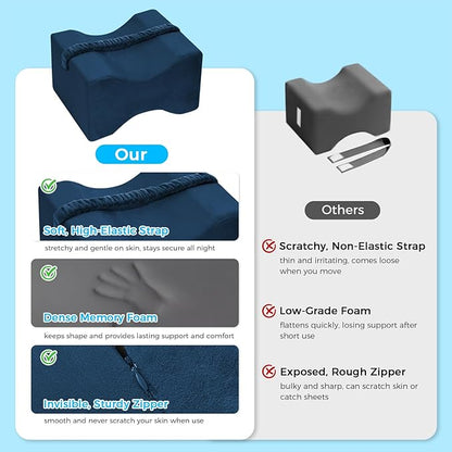 Knee Pillow for Side Sleepers, Memory Foam Leg Pillow with Strap for Side Sleeping, Supportive Elevation Pillow Between Legs for Knee, Ankle Sciatica, Pregnancy, Joint Pain (Blue/Plus)