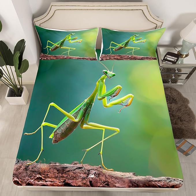 Manfei Mantis Kids Sheet Set Twin Size, Natural Wildlife Bedding Set for Boys Teens Adults Room Decor, Malaysia Green Praying Mantis Bed Sheet Set 3pcs (Fitted Sheet, Flat Sheet, 1 Pillowcase)