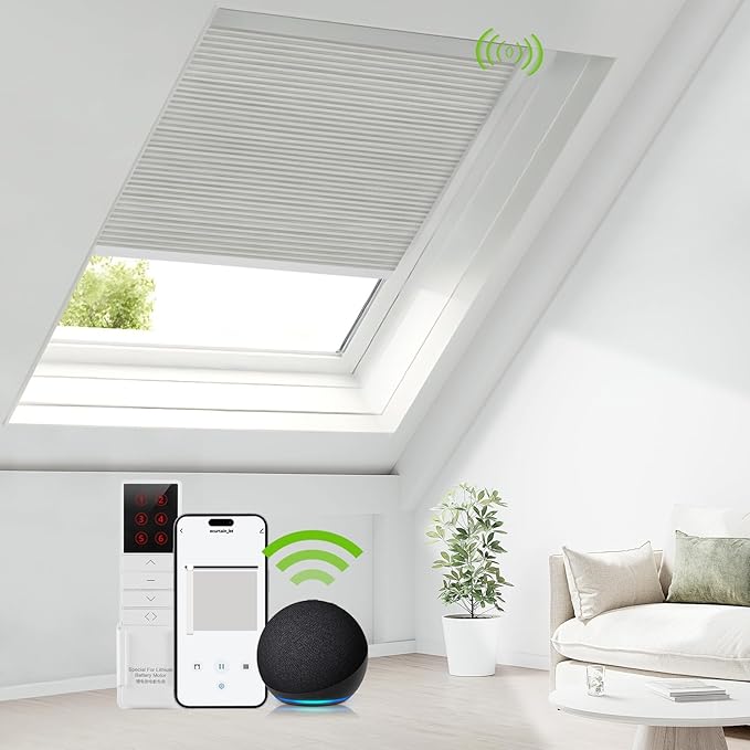 ZSTARR Motorized Skylight Shades Blackout Cellular Honeycomb Electric Blinds with Solar Panel Cordless Rechargeable with Remote for Roof and Slanted Windows Custom Size (LF Mercury Ash)