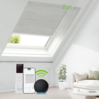 ZSTARR Motorized Skylight Shades Blackout Cellular Honeycomb Electric Blinds with Solar Panel Cordless Rechargeable with Remote for Roof and Slanted Windows Custom Size (LF Mercury Ash)