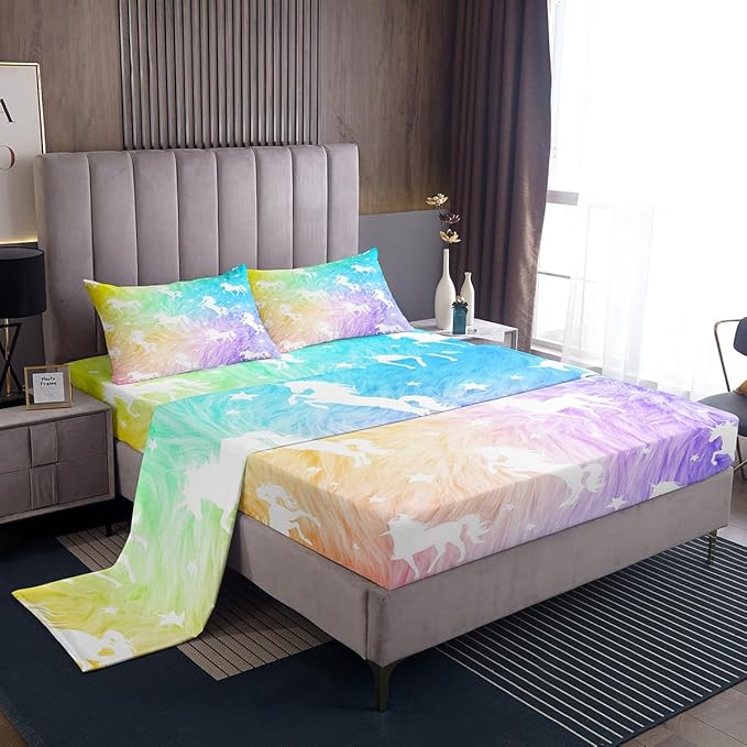Unicorn Sheet Set Queen Animal Watercolor Bed Sheet Set 4pcs with Deep Pocket Fitted Sheet + Flat Sheet + 2 Pillowcases Rainbow Fantasy Princess Style Soft Bedding Set for Kids Teens Girls Room Decor