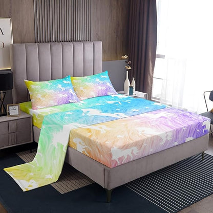 Unicorn Sheet Set Twin Animal Watercolor Bed Sheet Set 3pcs with Deep Pocket Fitted Sheet + Flat Sheet + 1 Pillowcase Rainbow Fantasy Princess Style Soft Bedding Set for Kids Teens Girls Room Decor