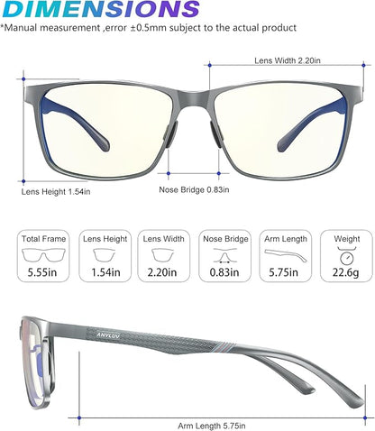 ANYLUV Blue Light Glasses Men, Relieve Eyestrain and Eye Protection, Al-Mg Metal Computer Blue Light Blocking Glasses