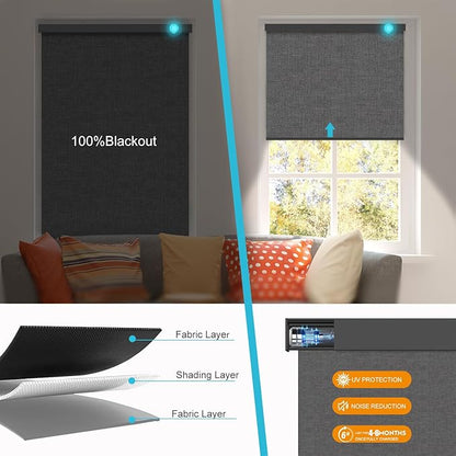 Motorized Blinds with Remote, Smart Blind Roller Shades Compatible with Alexa, Durable Rechargeable Battery Solar Power Electric Window Blinds Customized Size (3-Layer Dark Grey)
