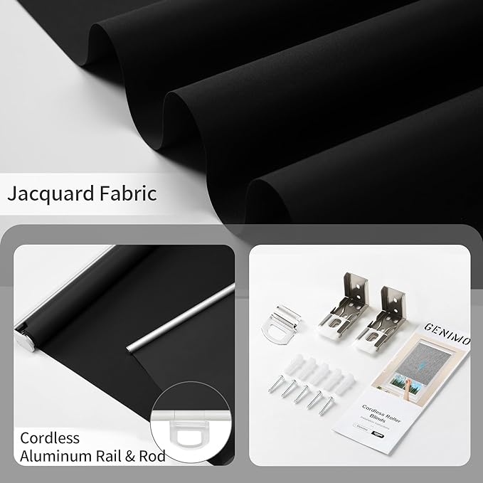 GENIMO 100% Blackout Roller Window Shades, Window Blinds Cordless with Thermal Insulated, UV Protection Fabric, Mini French Door Blinds for Home, Office, Bedroom, Easy to Install, Black, 25" W X 72" H